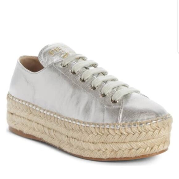 PRADA Metallic Silver Napa Platform Espadrille Sneaker Sz 40 / 10 $730 - Picture 1 of 10
